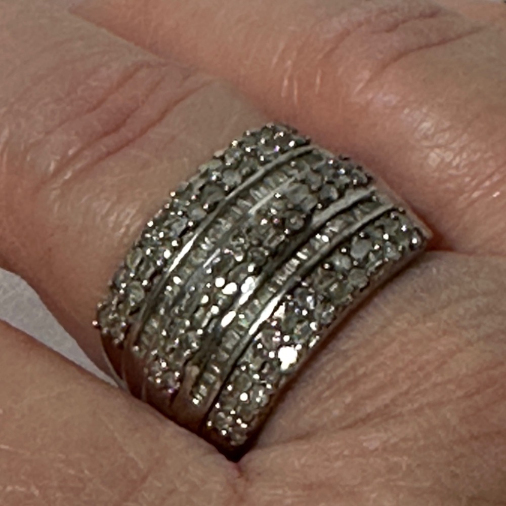 Sterling Silver 925 Multi Row Round Baguette Diamond Ring Size 7